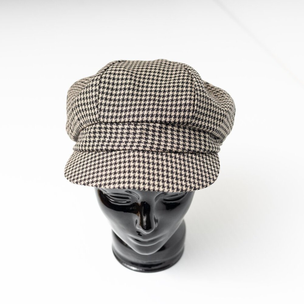 Upcycled Wool Black and Cream Houndstooth Slouchy Newsboy Cap
